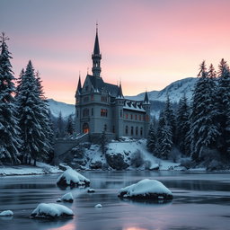 A majestic winter castle perched on a snowy mountainside, surrounded by tall pine trees frosted with snow