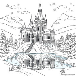 A detailed coloring page featuring an icy winter castle, designed with sharp, intricate lines and patterns perfect for coloring