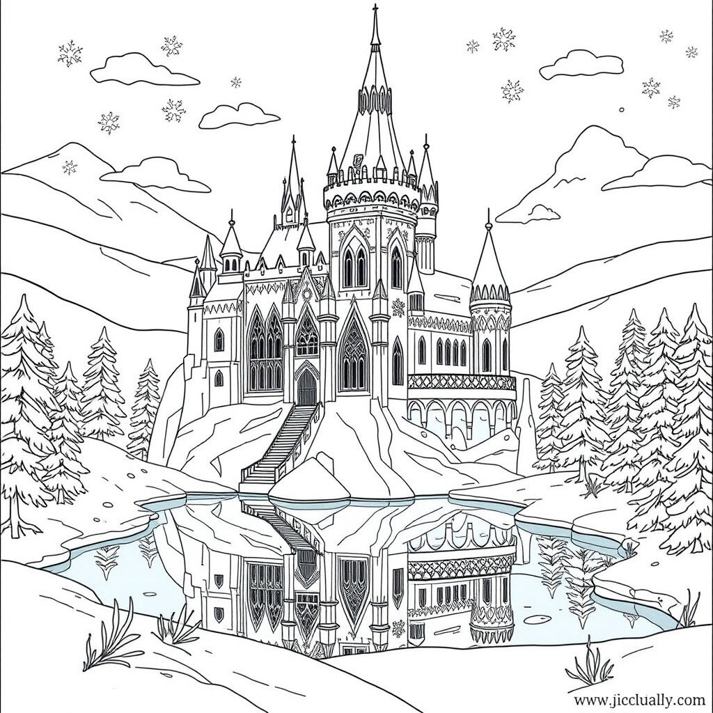 A detailed coloring page featuring an icy winter castle, designed with sharp, intricate lines and patterns perfect for coloring