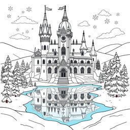 A detailed coloring page featuring an icy winter castle, designed with sharp, intricate lines and patterns perfect for coloring
