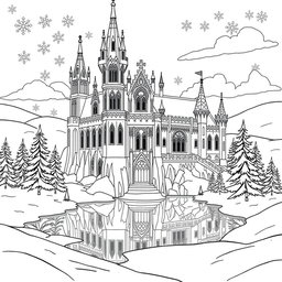 A detailed coloring page featuring an icy winter castle, designed with sharp, intricate lines and patterns perfect for coloring