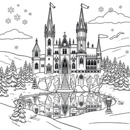 A detailed coloring page featuring an icy winter castle, designed with sharp, intricate lines and patterns perfect for coloring
