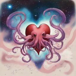 A drawing of a heart and an octopus flying in a nebula