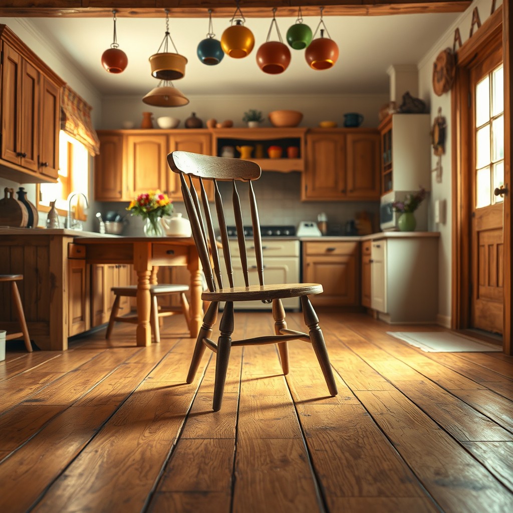 A whimsical scene depicting a kitchen chair magically moving on its own across a wooden floor in a cozy kitchen