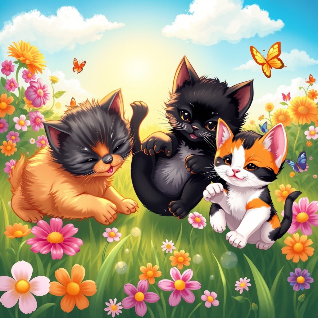 A whimsical, colorful illustration of three playful kittens tumbling around in a sunny garden filled with vibrant flowers and butterflies