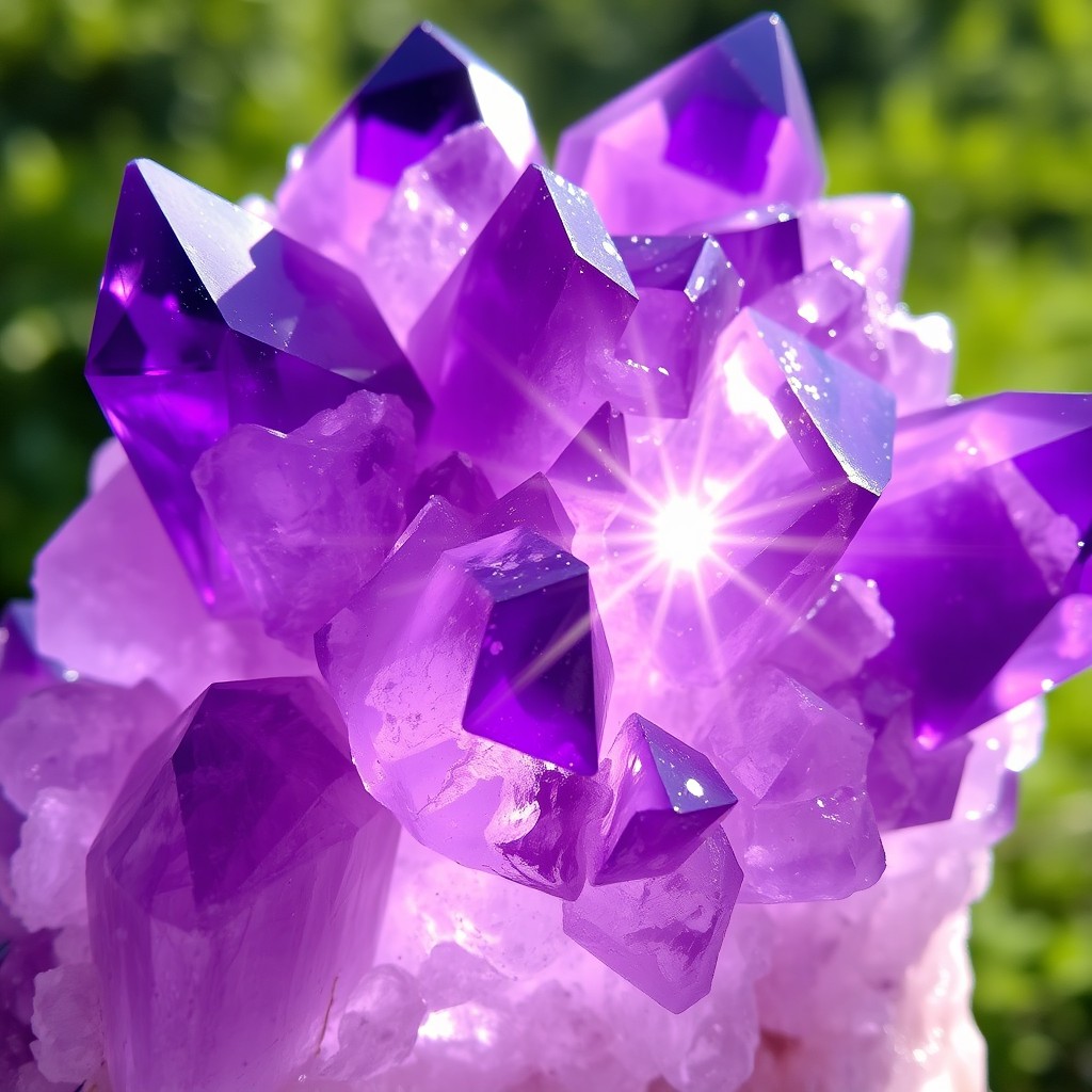 A stunning close-up of a large amethyst crystal cluster, showcasing its deep violet hues and intricate natural facets