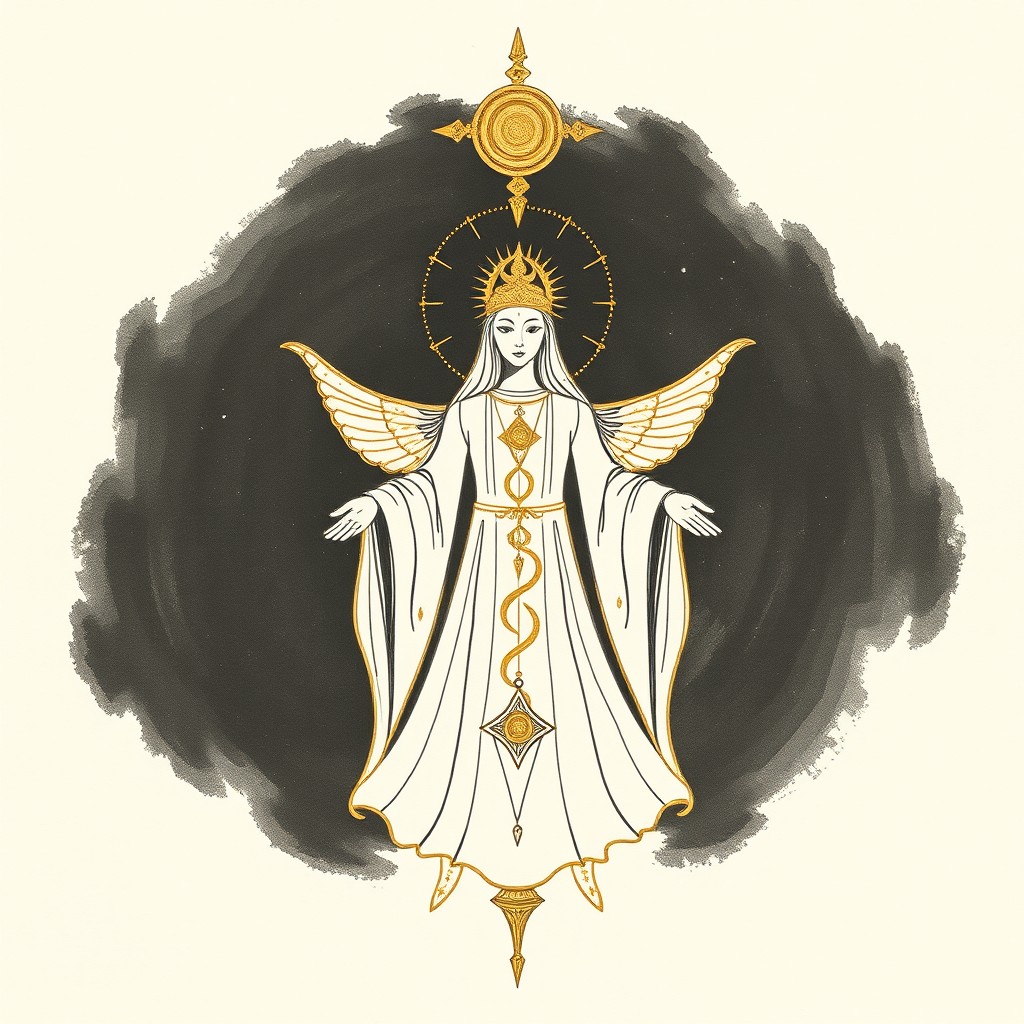 A simple drawing sketch on paper featuring gold and silver elements, depicting a spiritual healer figure as the central theme