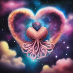 A drawing of a heart and an octopus flying in a nebula