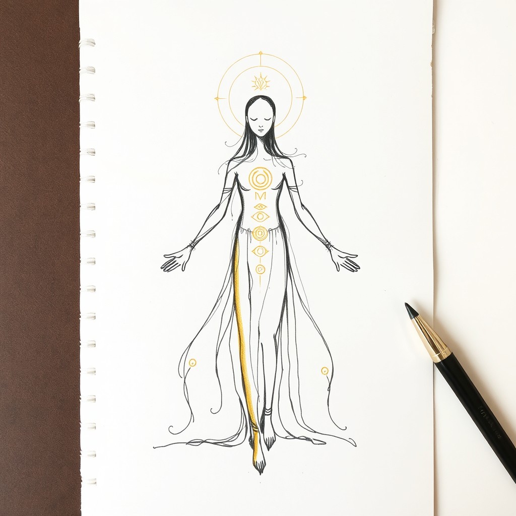 A simple drawing sketch on paper featuring gold and silver elements, illustrating an abstract form of a spiritual healer figure that is formless and ethereal