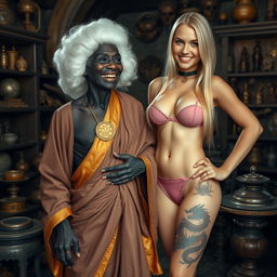 In a medieval room filled with various relics, there is a joyous, petite, emaciated African woman, 90 years old, with deep black skin, wearing a white colonial judge wig from the 18th century