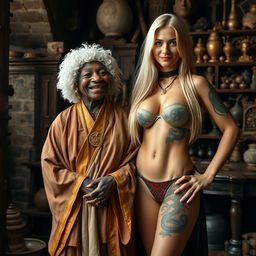 In a medieval room filled with various relics, there is a joyful and petite African woman, 90 years old, with deep black skin smiling widely