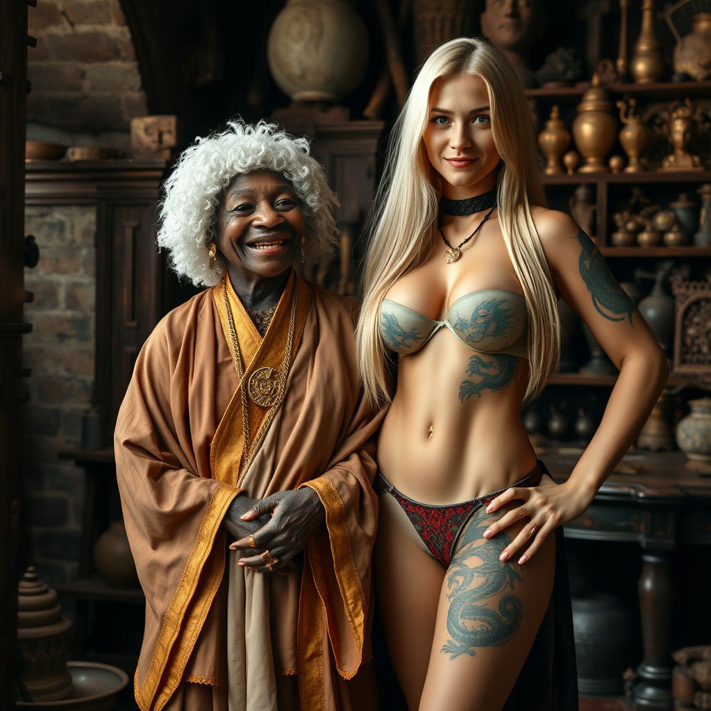 In a medieval room filled with various relics, there is a joyful and petite African woman, 90 years old, with deep black skin smiling widely
