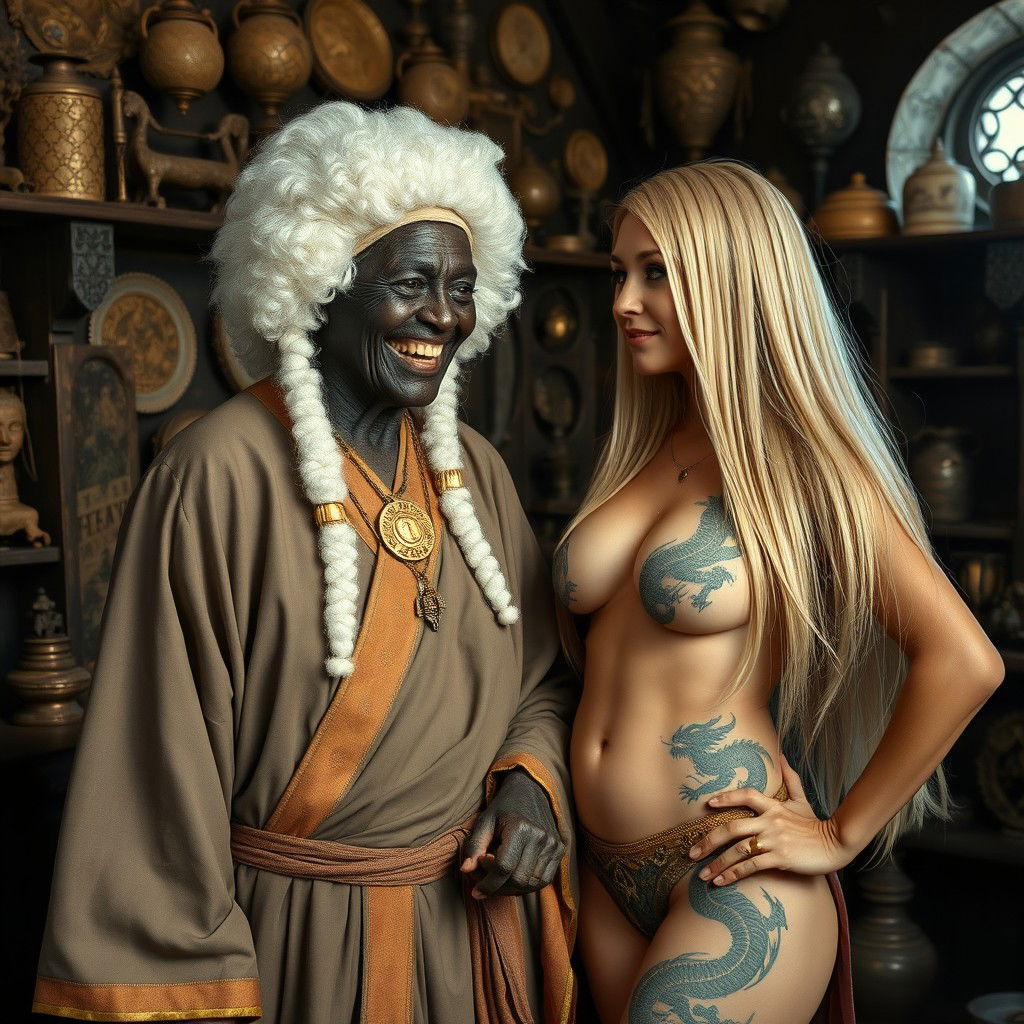 In a medieval room filled with various relics, a petite and emaciated 90-year-old African woman with deeply black skin smiles joyfully