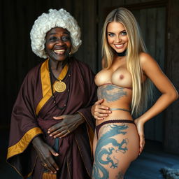In a medieval room, a 90-year-old undernourished African woman, short with deep black skin, smiles joyfully while wearing a white 18th-century colonial judge's wig