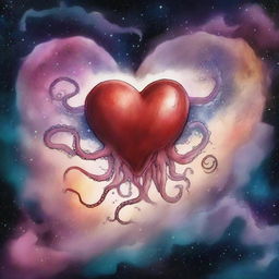 A drawing of a heart and an octopus flying in a nebula