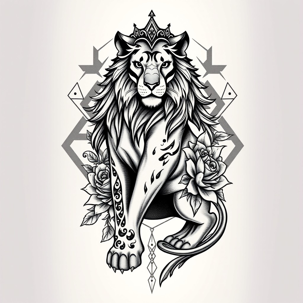 A beautifully detailed tattoo design featuring a majestic lioness in a regal pose, showcasing her powerful physique and intricate fur texture