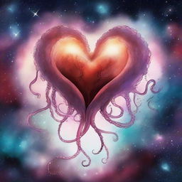 A drawing of a heart and an octopus flying in a nebula