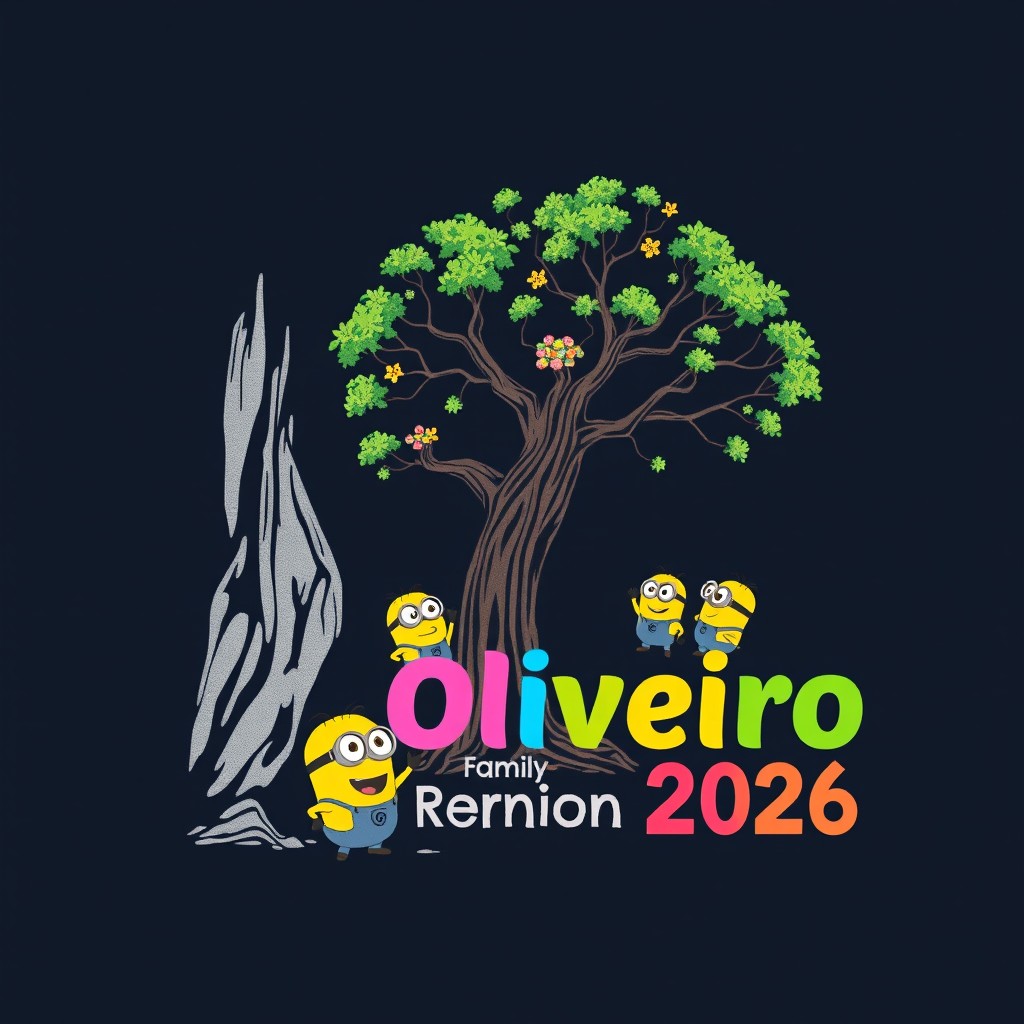 A family reunion T-shirt design for the Oliveiro 2026 gathering featuring a geological tree illustration on the left side as a background