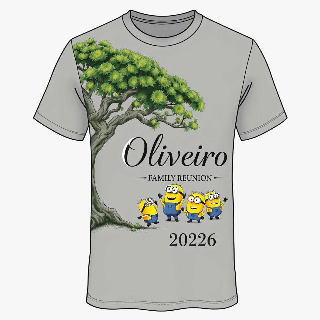A realistic family reunion T-shirt design for the Oliveiro 2026 gathering, featuring a detailed and artistic illustration of a geological tree on the left side as a background