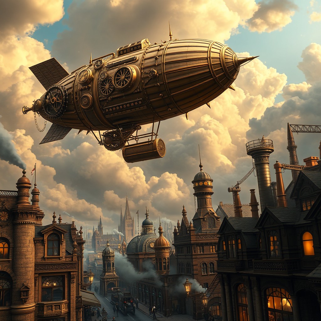 A captivating steampunk scene featuring an intricate airship soaring through a cloudy sky