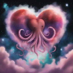 A drawing of a heart and an octopus flying in a nebula