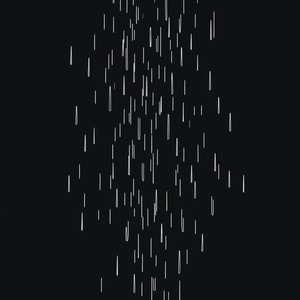 A minimalistic and striking composition featuring a black background with vibrant white rain cascading down