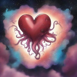 A drawing of a heart and an octopus flying in a nebula