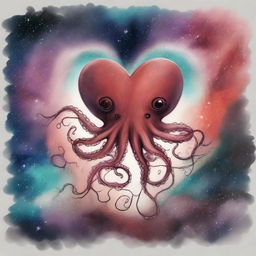 A drawing of a heart and an octopus flying in a nebula