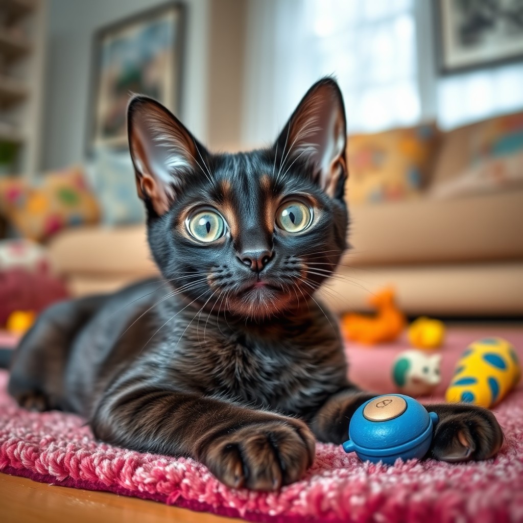 A highly detailed portrait of a cats named Felix, showcasing a playful and curious expression with large, bright eyes and a sleek black coat