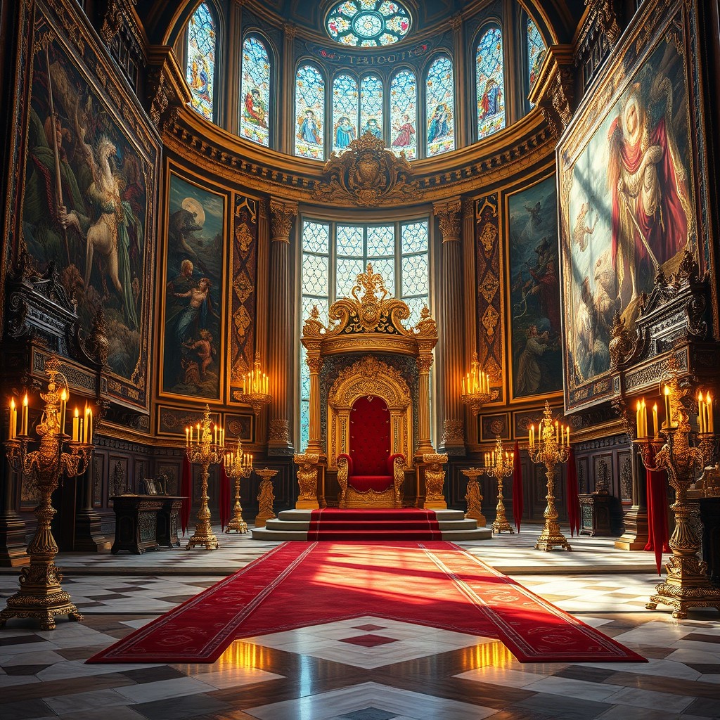 A majestic royal throne room adorned with opulent decorations and intricate architectural details, featuring a grand throne made of gold and velvet with elaborate carvings