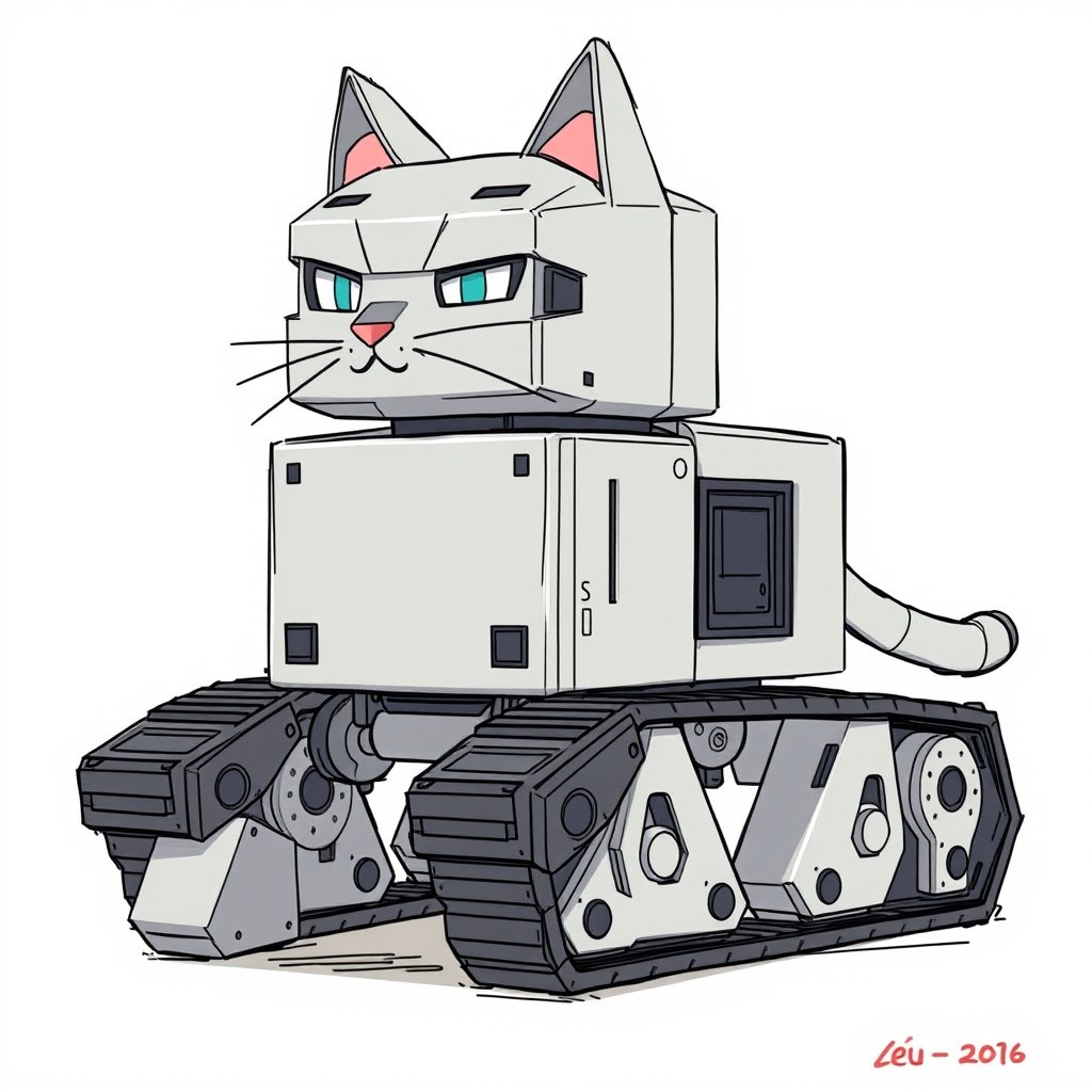 A full-color anime sketch of a blocky cat with a solid square/cube-shaped head featuring distinct cat characteristics like triangular ears and digital whisker sensors