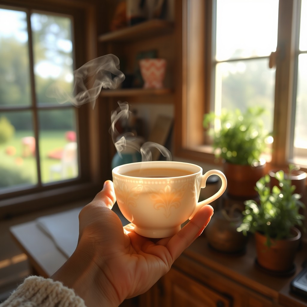 A serene scene featuring a hand gently holding a delicate cup of herbal tea, with steam rising gracefully from the cup