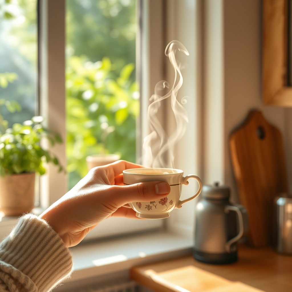 A gentle scene depicting a hand gracefully holding a steaming cup of herbal tea, with wisps of steam curling upwards