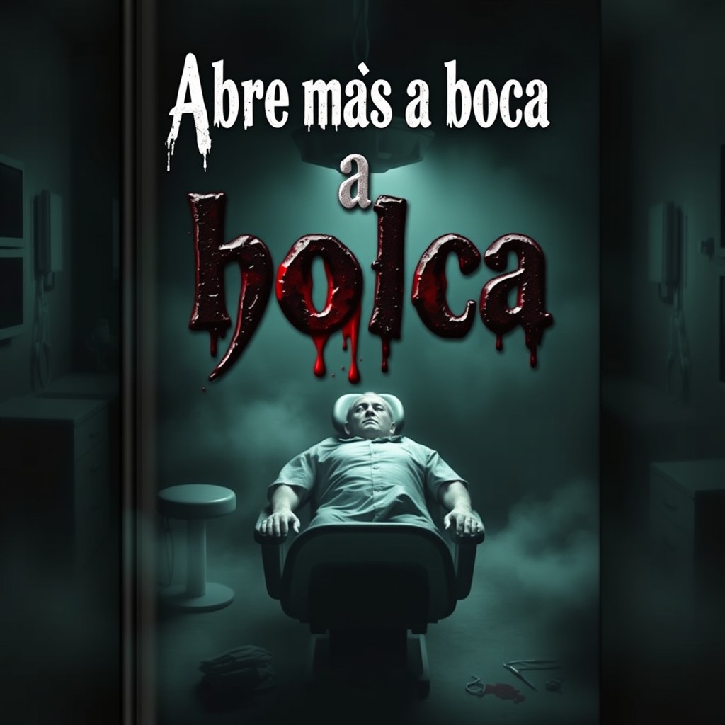 A gripping book cover for a horror novel titled 'Abre mais a boca', centered around a dentist who has lost consciousness