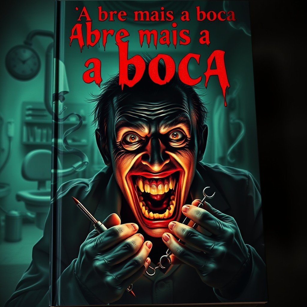 A haunting book cover for a horror novel titled 'Abre mais a boca', featuring a possessed dentist as the central character