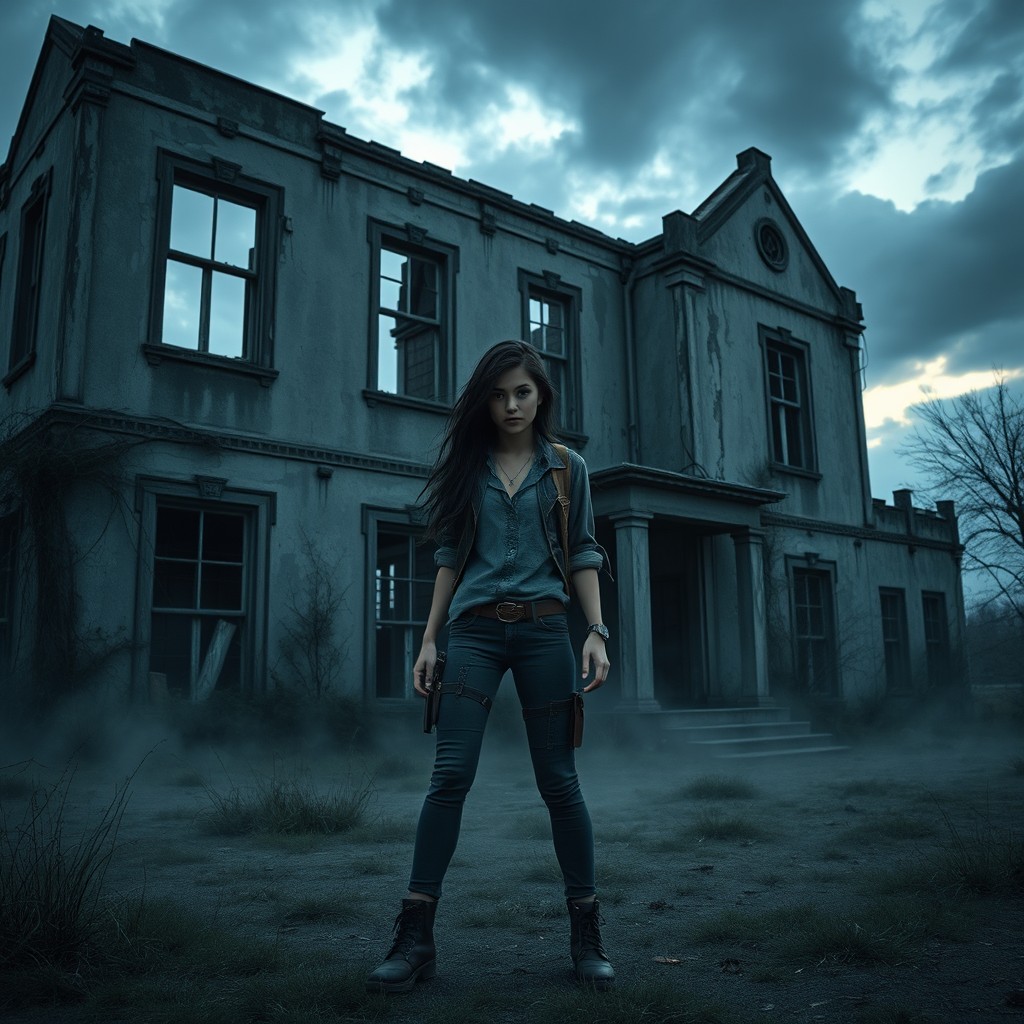 A hyper-realistic image of a teenage female standing confidently in front of a hauntingly beautiful abandoned building