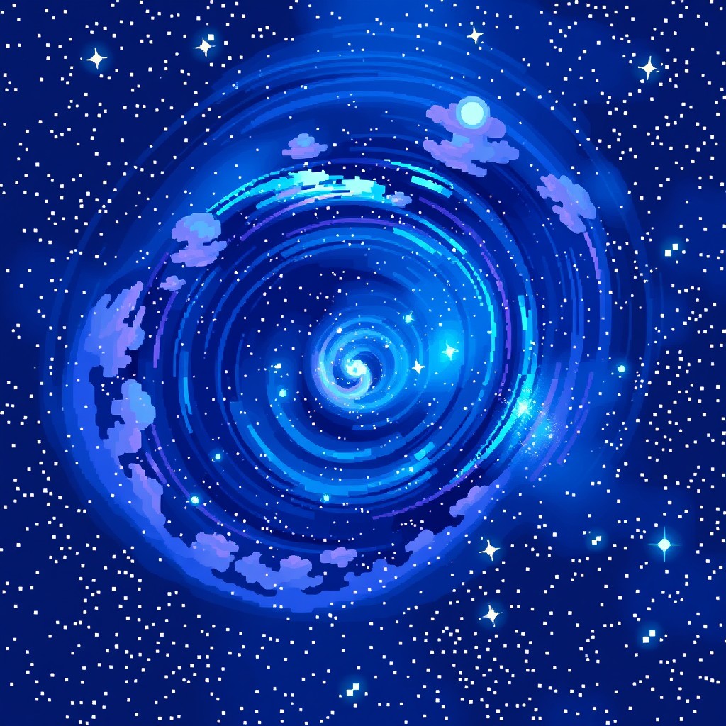 A stunning pixel art representation of the Milky Way galaxy set in outer space, featuring a vibrant blend of deep and light blues, alongside soft light purples