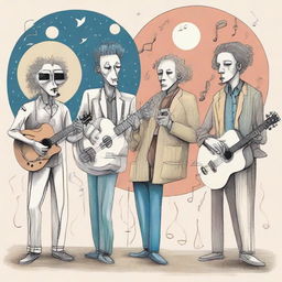 A drawing of four musicians in a parallel universe