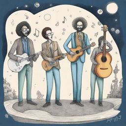 A drawing of four musicians in a parallel universe