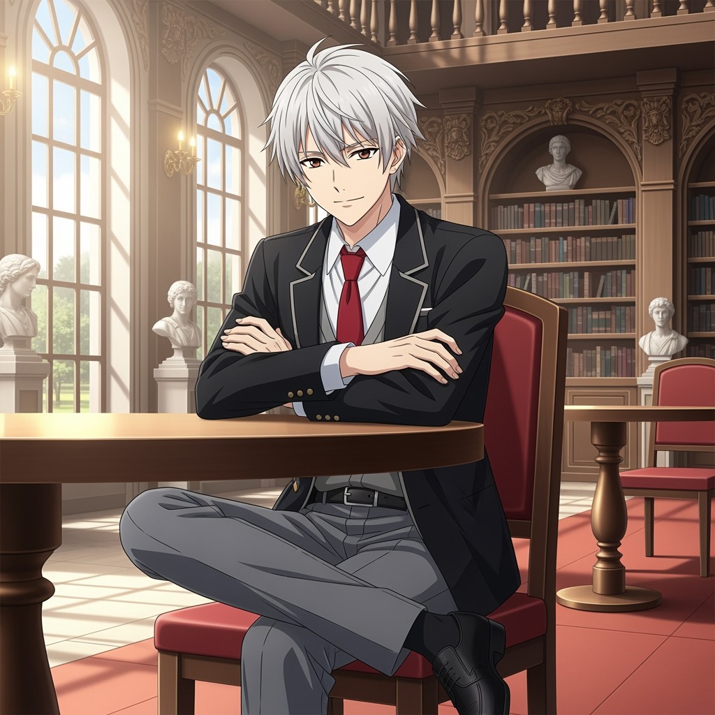 A male anime character in his 18s, sitting at a table in an academy