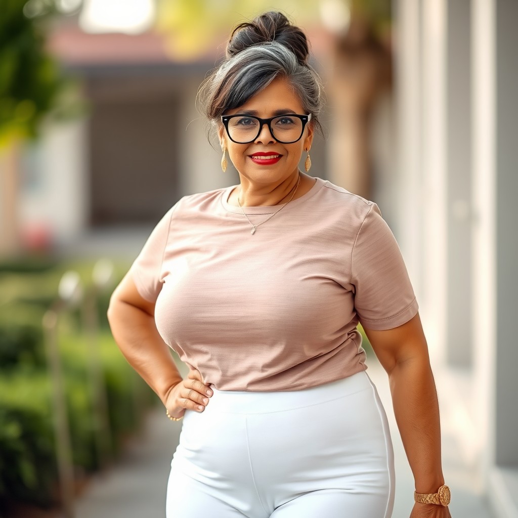 An Indian woman aged 67, confidently wearing tight white leggings and a stylish t-shirt