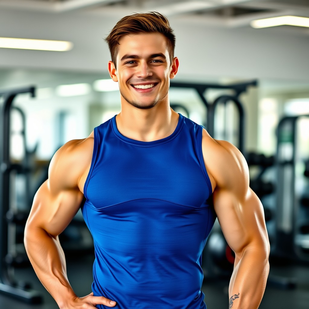 A muscular young man confidently posing in a fitted muscle shirt that showcases his well-defined physique