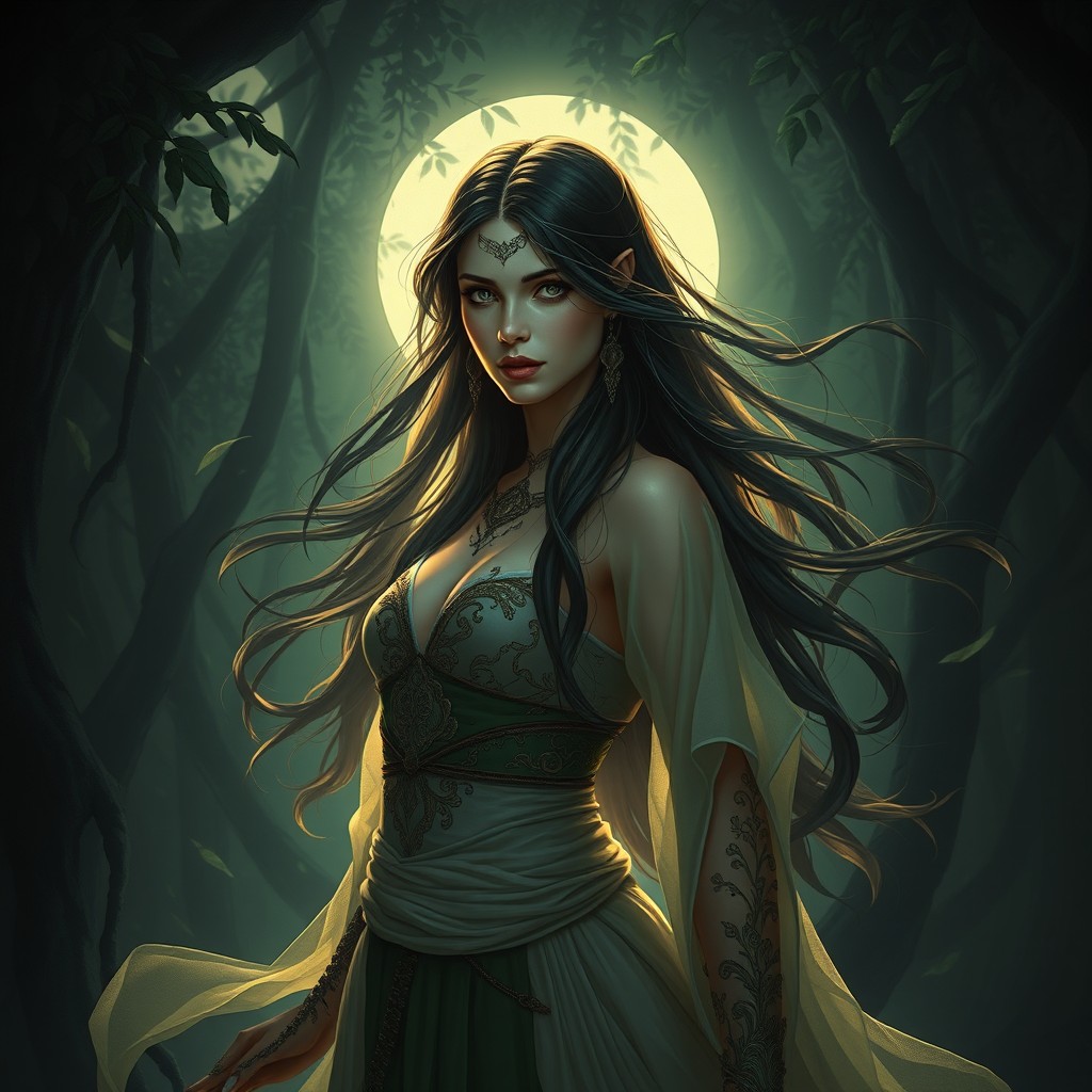 A captivating interpretation of Lilith, depicted as a powerful and alluring figure in a mystical forest