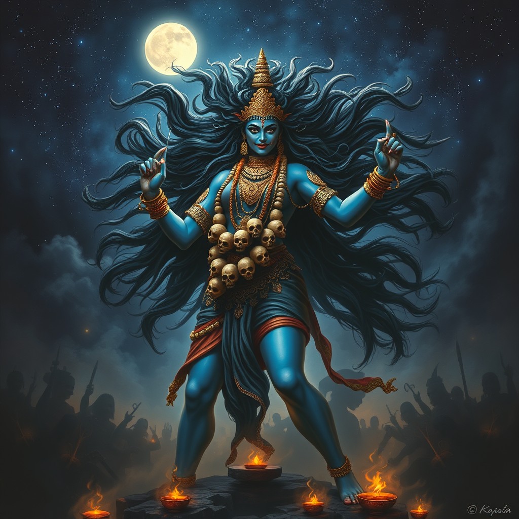 A dramatic and powerful portrayal of Kaali, the Hindu goddess, with an intricate backdrop of a starry night sky