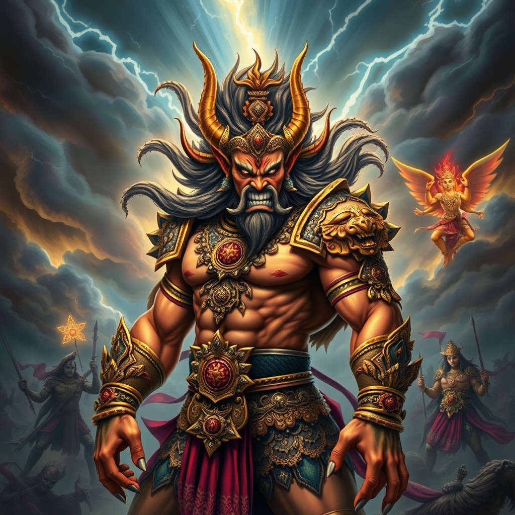 A detailed and vibrant depiction of Narkasur, the mythical demon from Hindu mythology, showcasing his fierce appearance and warrior attire