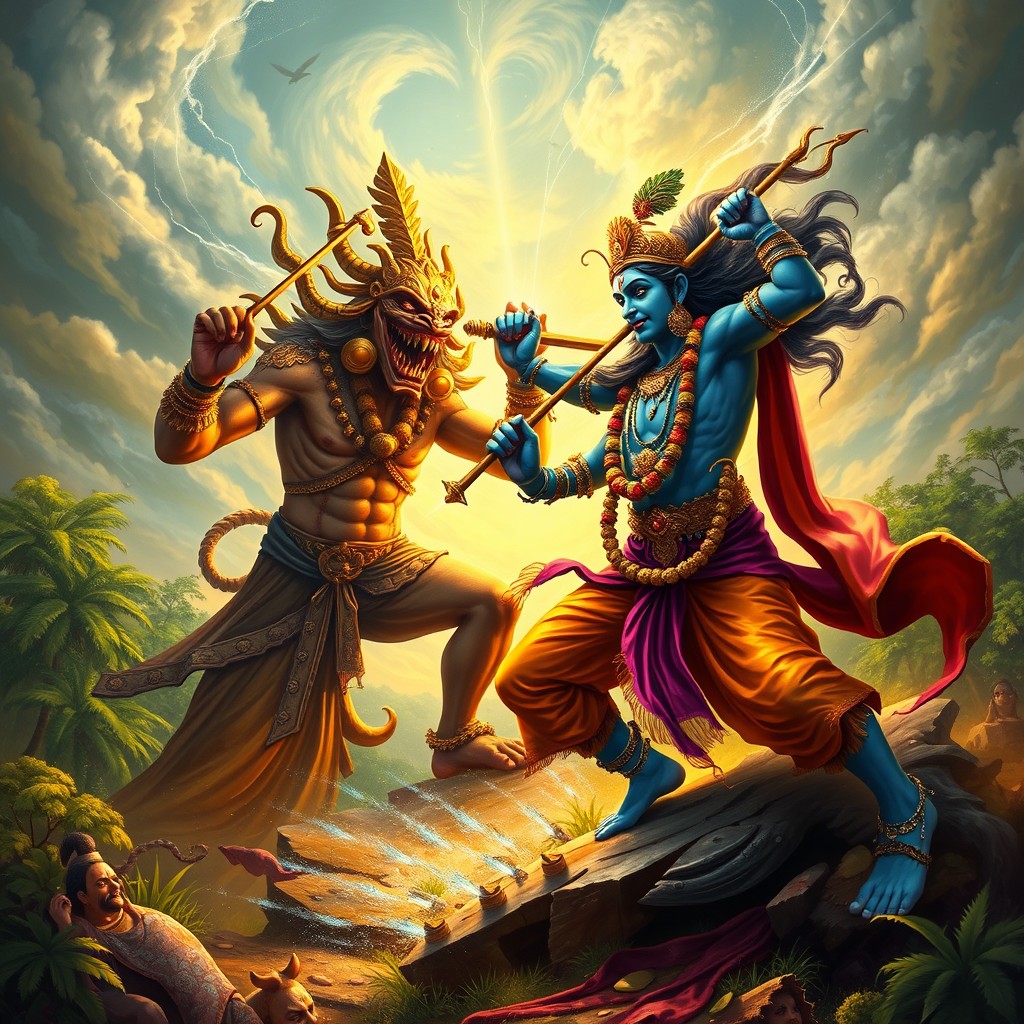 A dramatic battle scene between Narakasura and Krishna, set in an ancient Indian landscape with lush greenery and vibrant colors