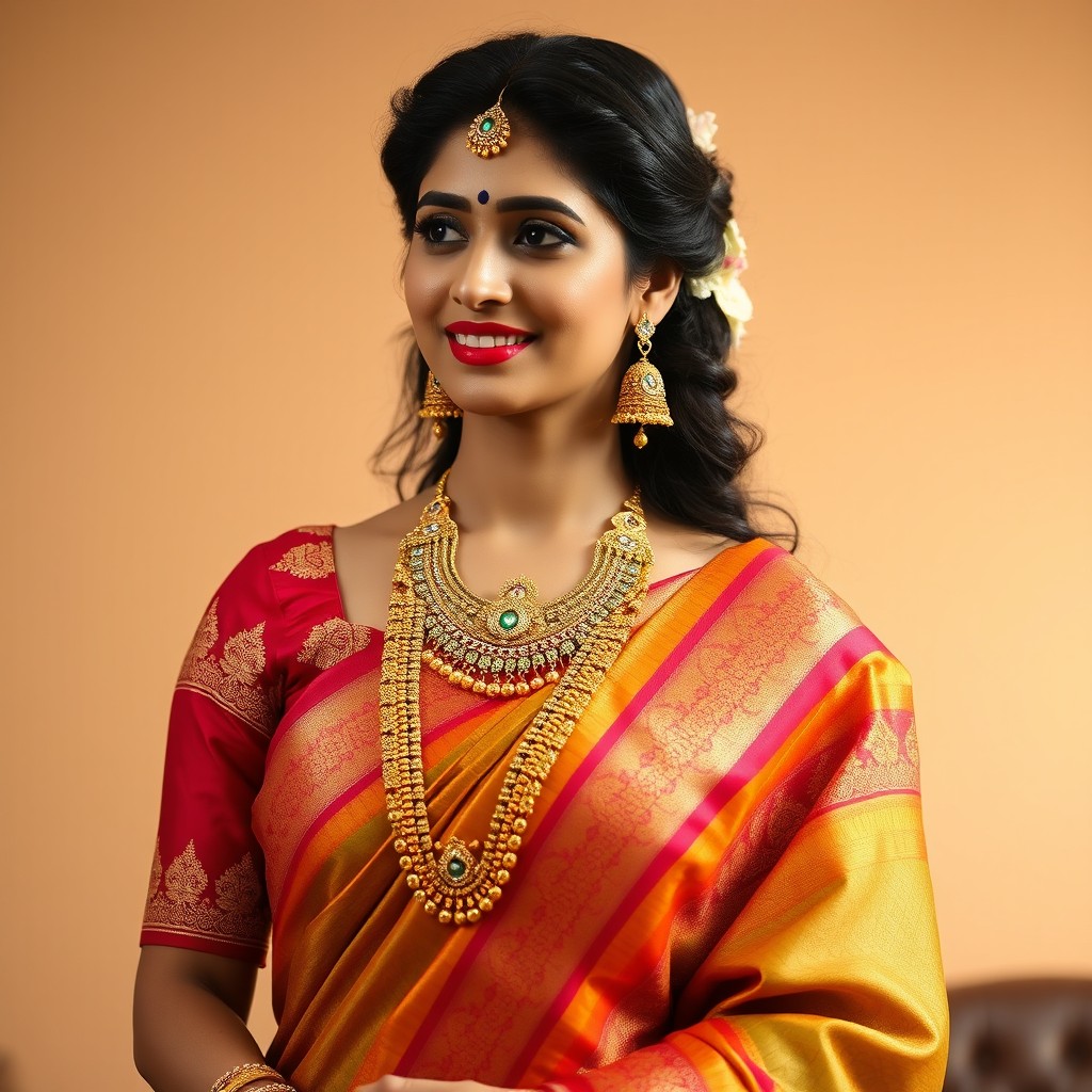 A beautiful Indian married woman wearing a traditional saree, elegantly draped with intricate designs