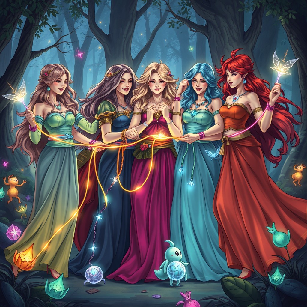 A fantasy-themed illustration of a group of powerful sorceresses in an enchanted forest, showcasing their magical abilities