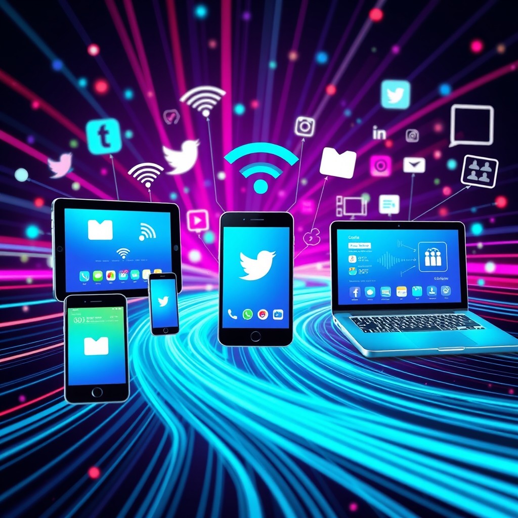 A vibrant and dynamic digital communication scene featuring various devices like smartphones, tablets, and laptops displaying social media apps and messaging platforms