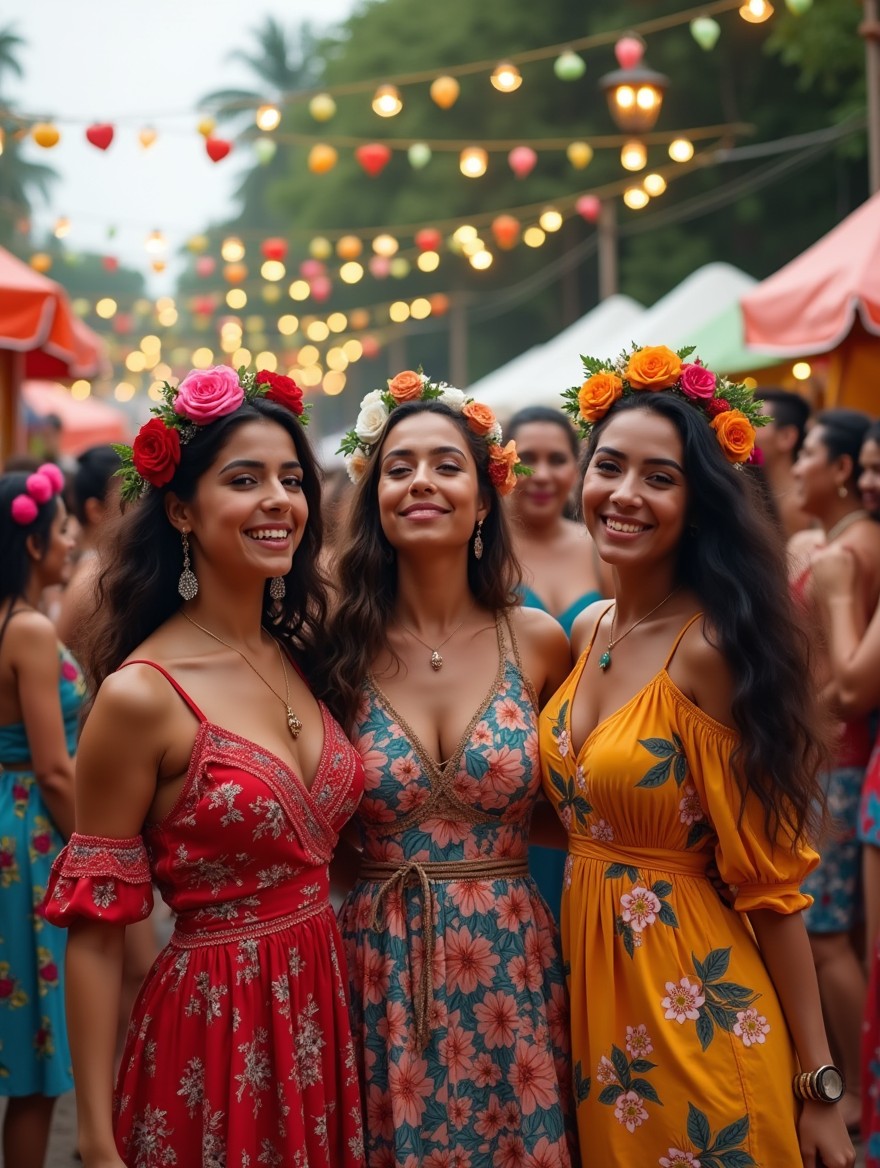 A vibrant and energetic group of Latina women celebrating together at a lively outdoor festival